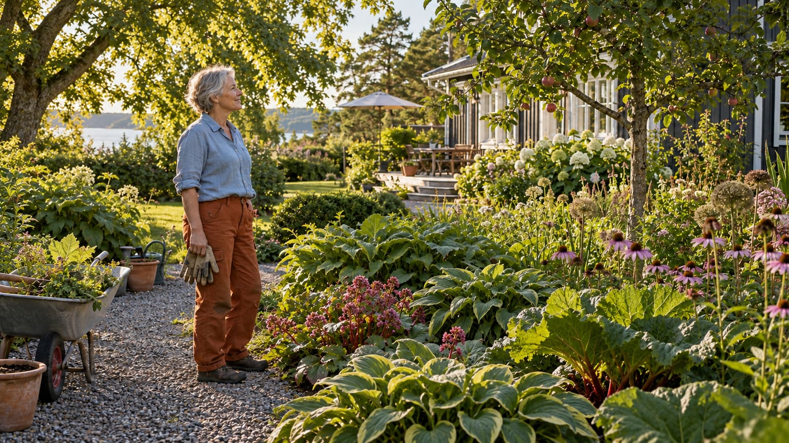 KI-generierte Illustration: eine Frau in ihrem Garten zwischen Beeten und Obstbäumen