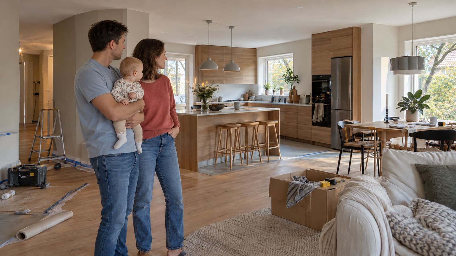 KI-generierte Illustration: eine Familie mit einem kleinen Kind steht in ihrer neu renovierten Küche