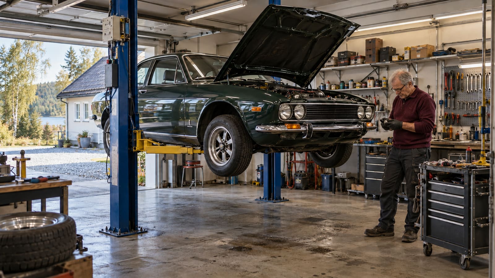 KI-generierte Illustration: ein Mann arbeitet in seiner Garage an einem älteren Auto auf einer Hebebühne