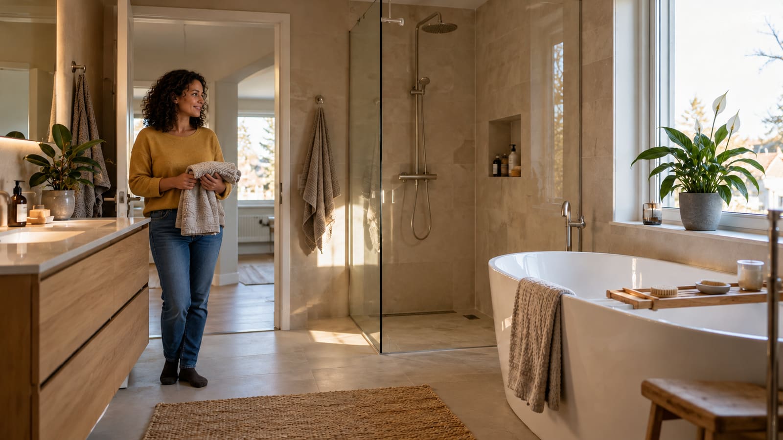KI-generierte Illustration: eine Frau in ihrem neuen Badezimmer mit Badewanne und Dusche
