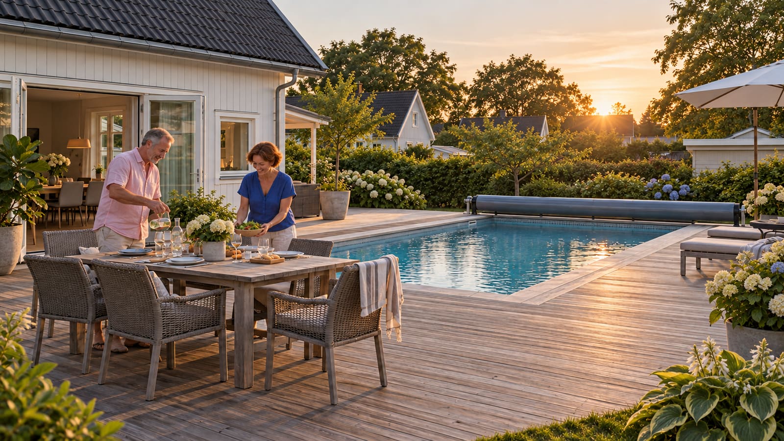 KI-generierte Illustration: ein Paar deckt an einem Sommerabend den Tisch auf der neuen Terrasse am Pool