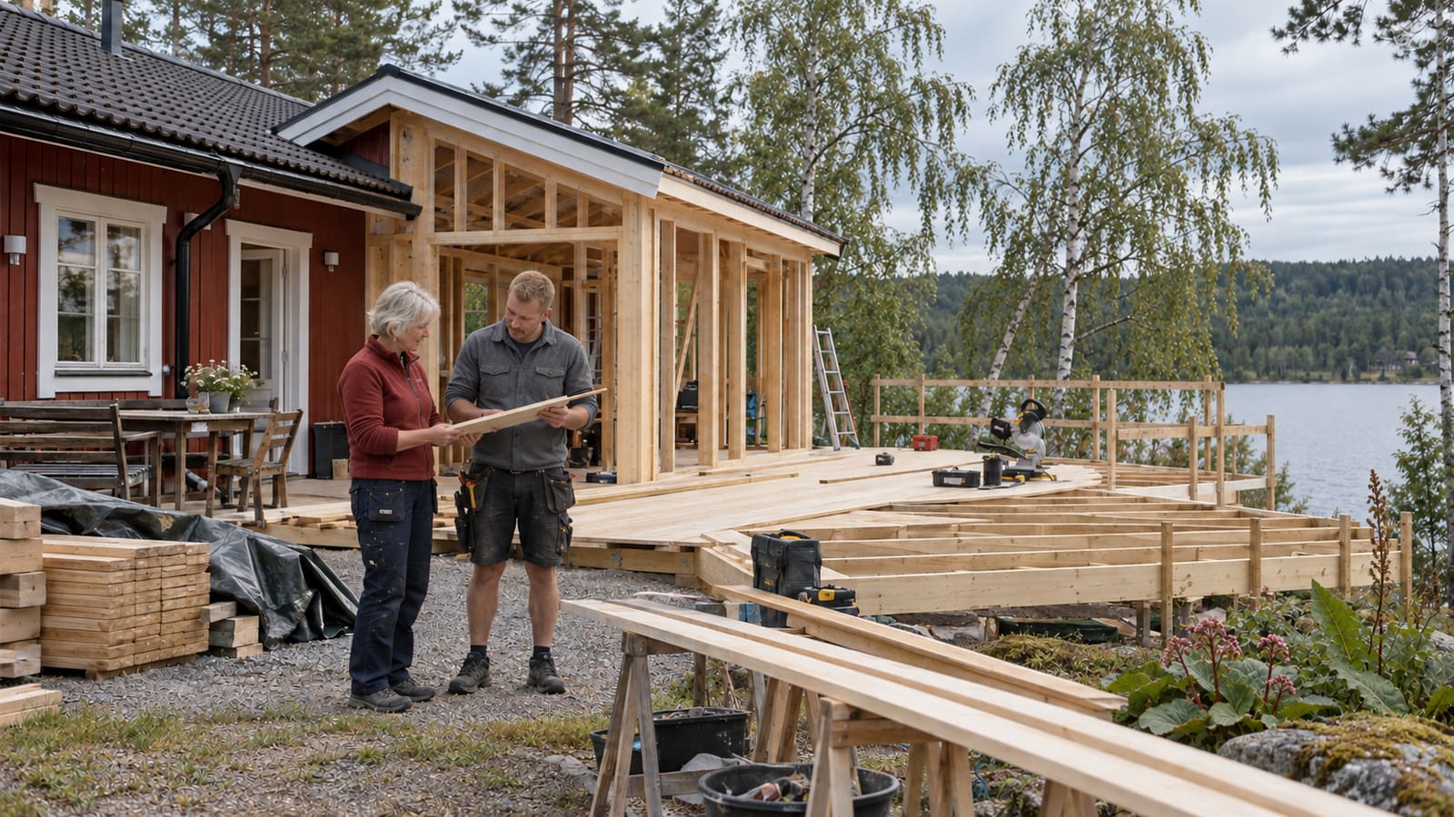 KI-generierte Illustration: ein neues Holzdeck und ein Anbau an einem Ferienhaus, wo die Eigentümerin und ein Zimmermann die Zeichnung durchgehen
