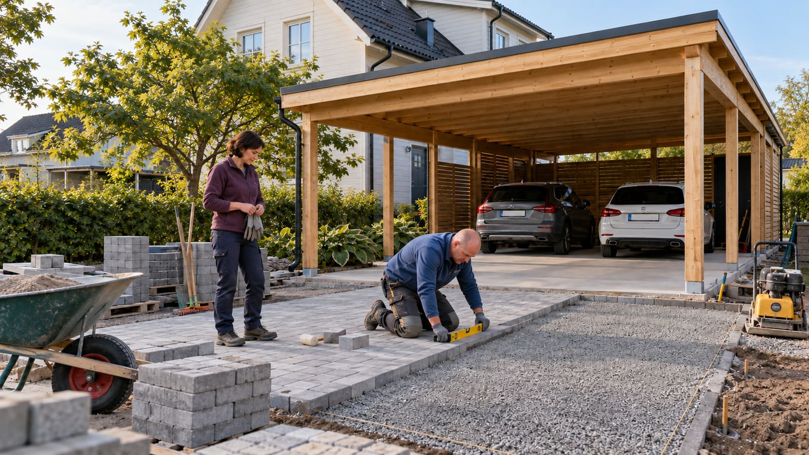 KI-generierte Illustration: zwei Personen verlegen Pflastersteine auf der Einfahrt vor einem neuen Carport