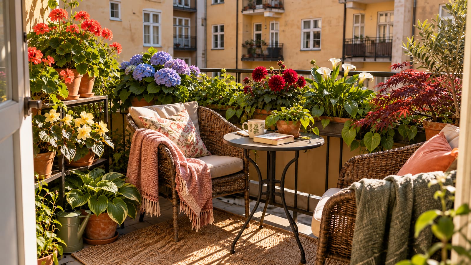 KI-generierte Illustration: ein Balkon mit Blumen, Korbstühlen und einem kleinen Tisch in der Nachmittagssonne